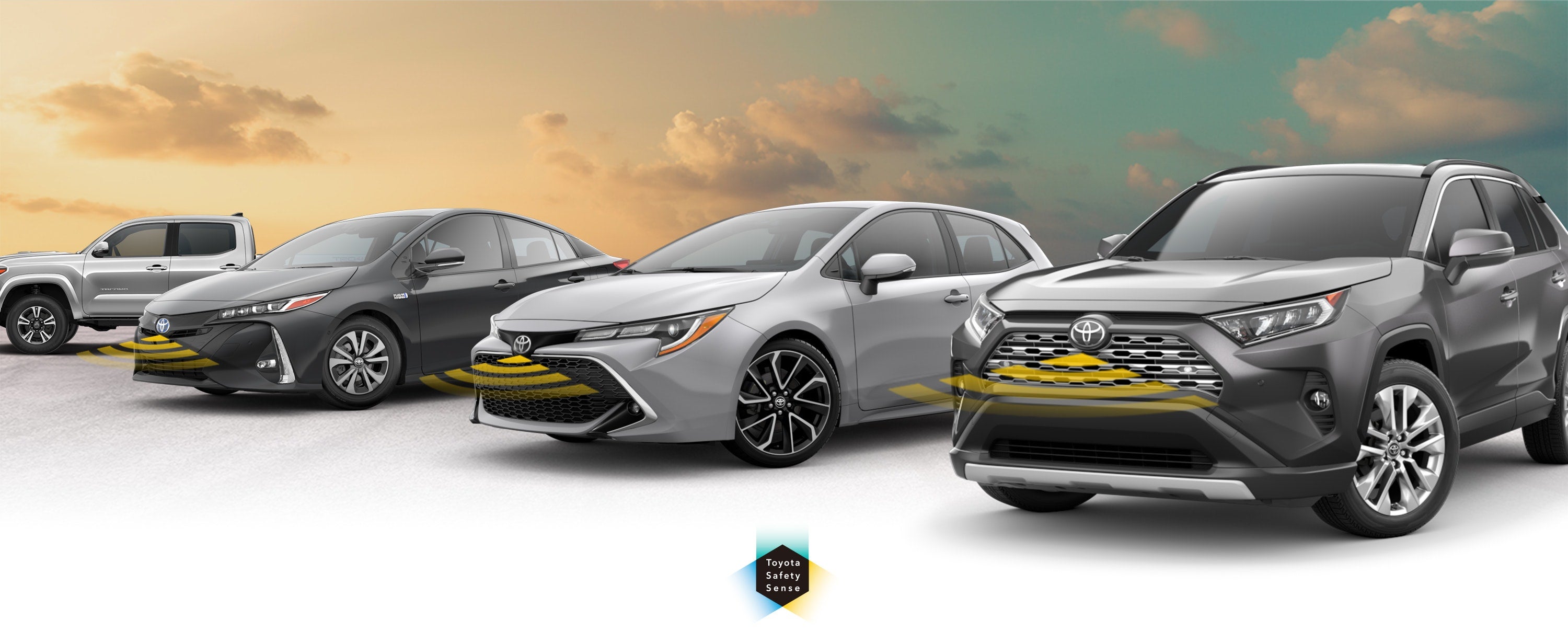 Toyota Safety Sense: Designed for Safety. Options shown on Toyota models including RAV4, Tacoma, and Camry, available now at Matick Toyota in Macomb Township MI.