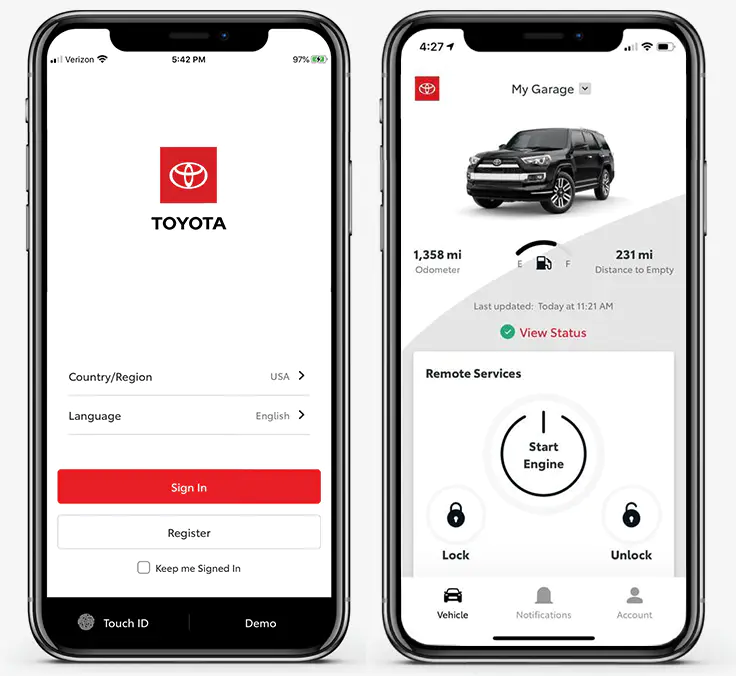 Different screens of the Toyota app- on the left is the login screen and on the right is the toyota app dashboard