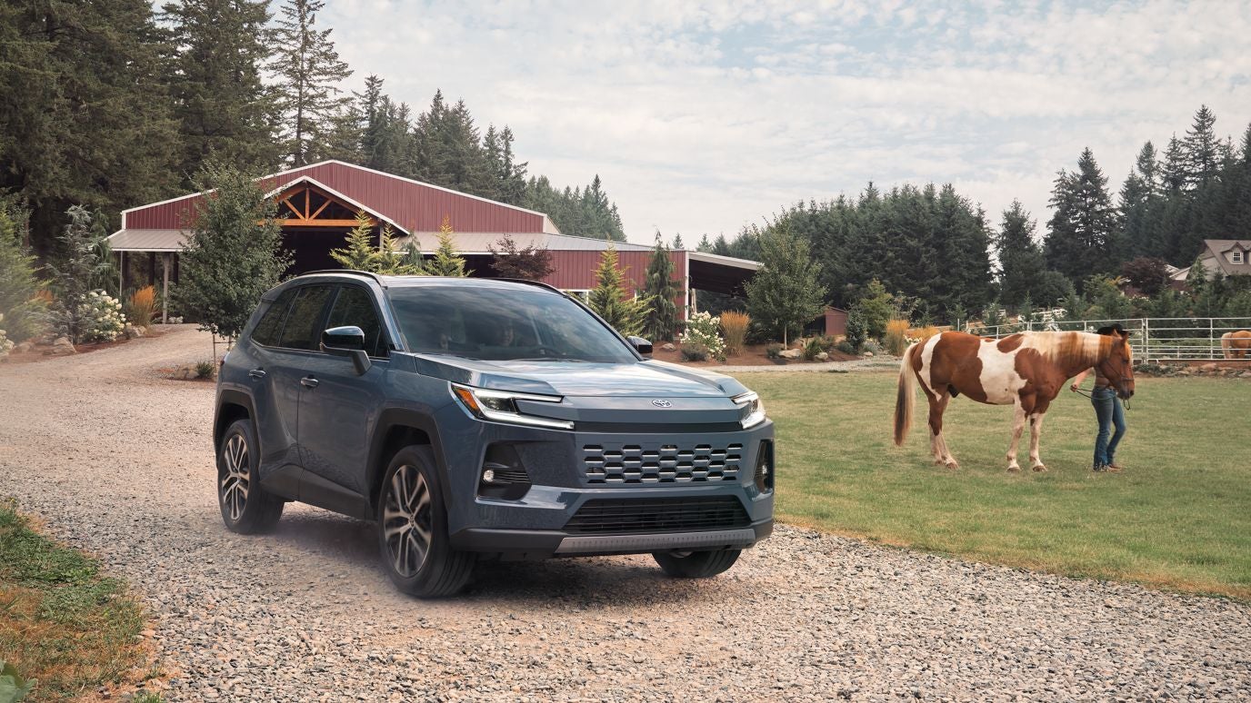 A blue Toyota RAV4 parked in a dirt road driveway on a ranch